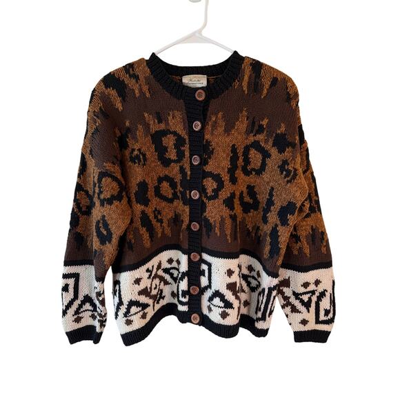 Express Long Sleeve Animal Print Cardigan Sweater Ribbed Knit Brown Women's Med - Picture 1 of 10